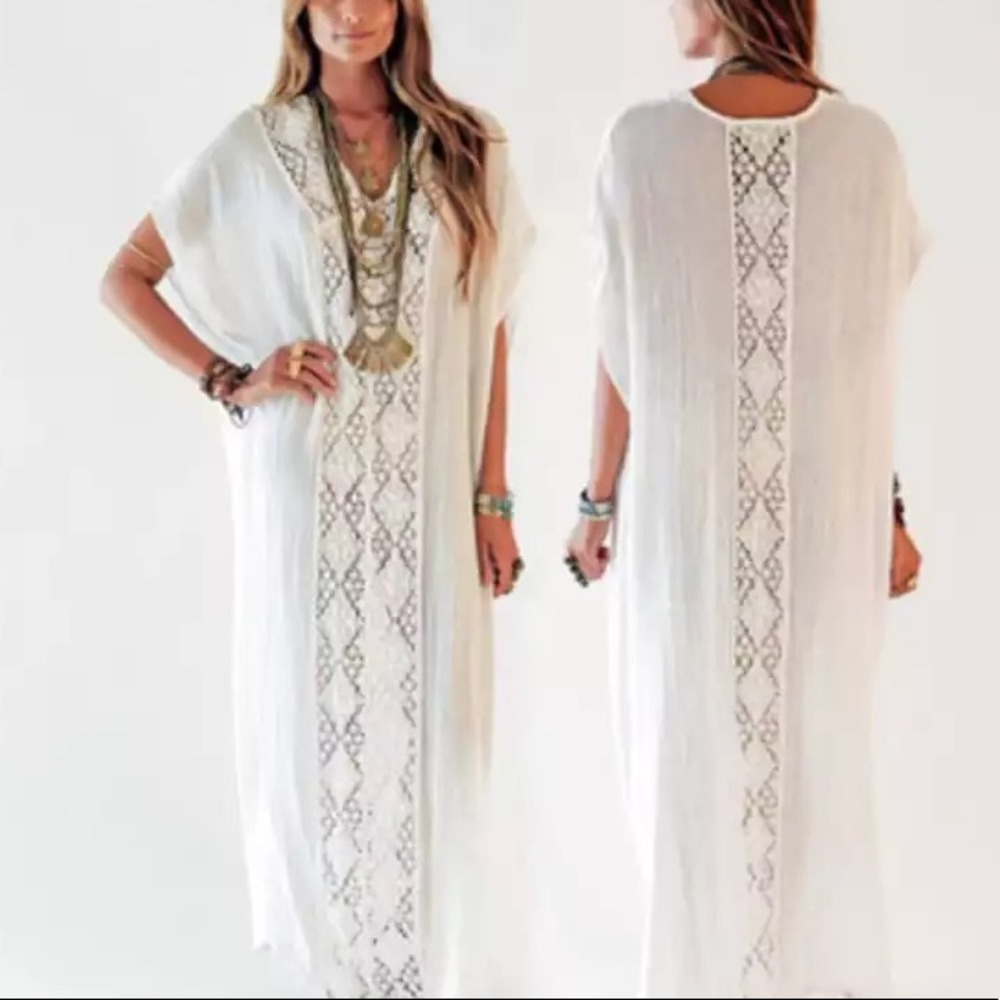 Sample Sale! New Boho Crochet Detailed V Neck Maxi Beach Dress - Picture 4 of 9